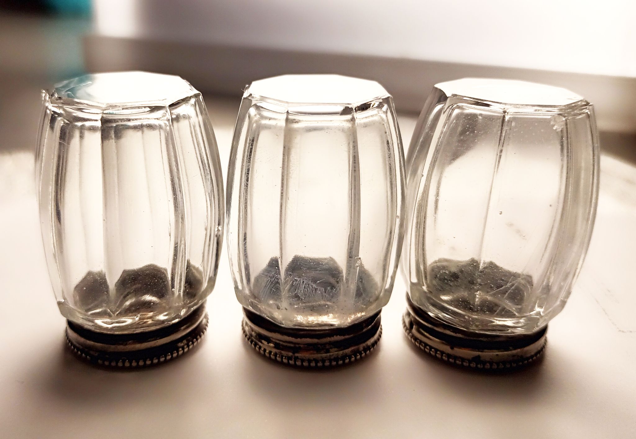 3 crystal and metal salt shakers