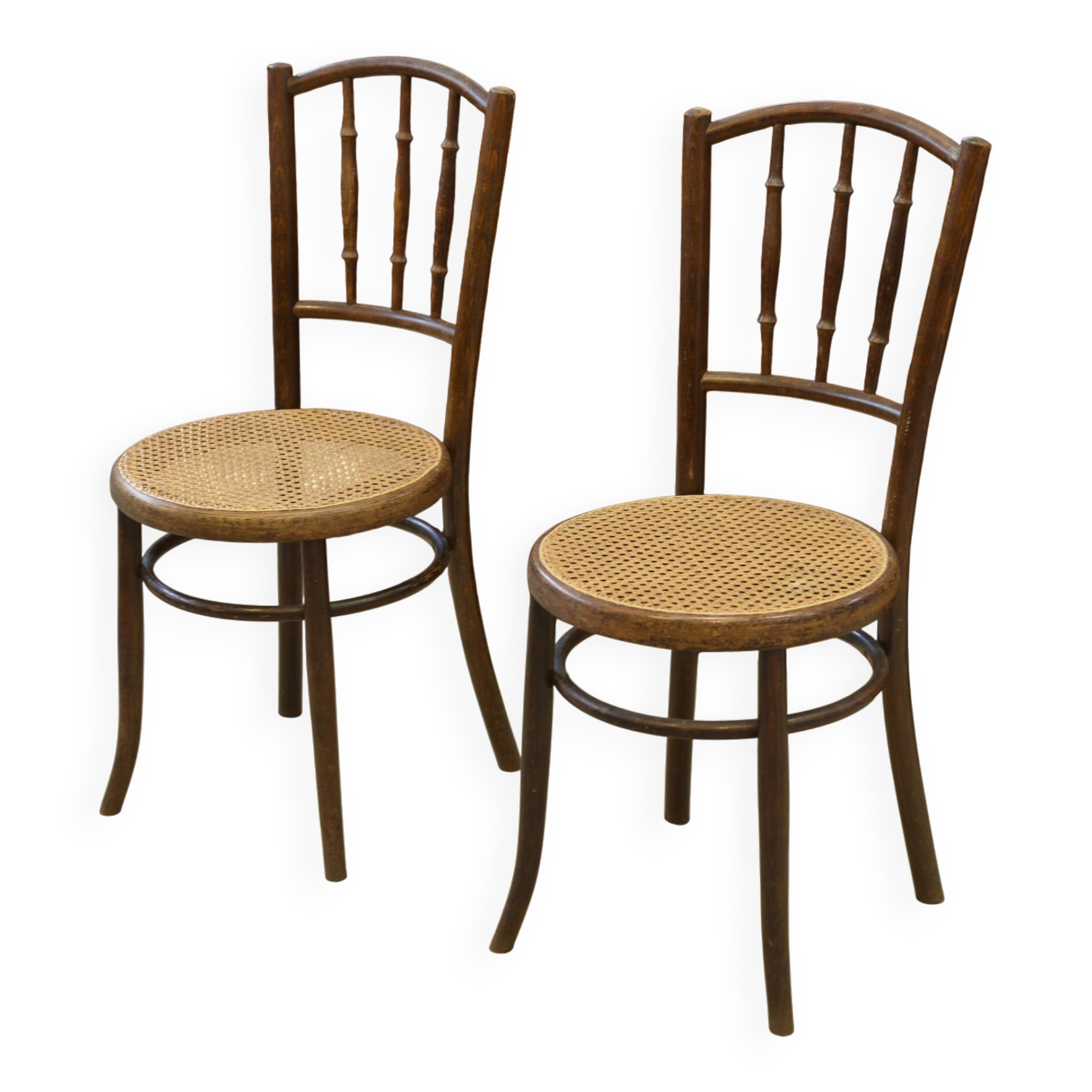 Pair of curved wooden bistro chairs stamped Fischel 1930s
