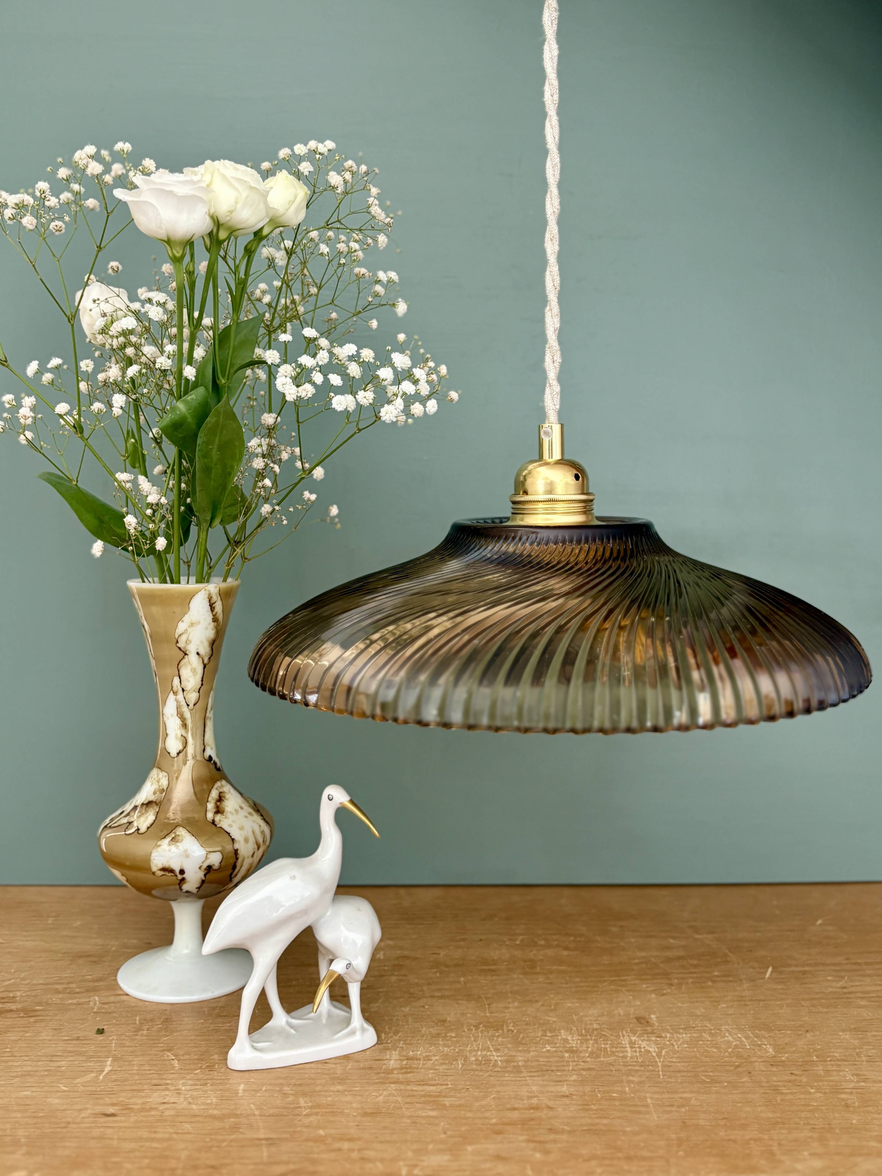 Vintage amber molded glass lampshade pendant light - tableware collection -