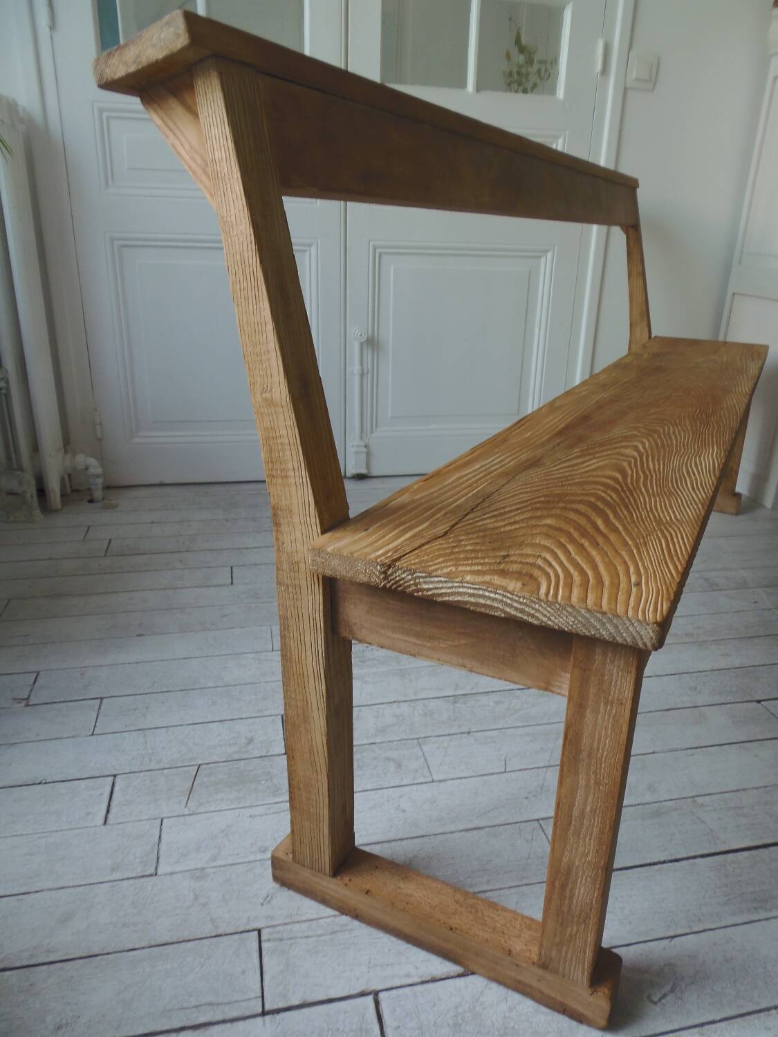 Church bench, end of bed in pitch pine with light oak waxed finish.