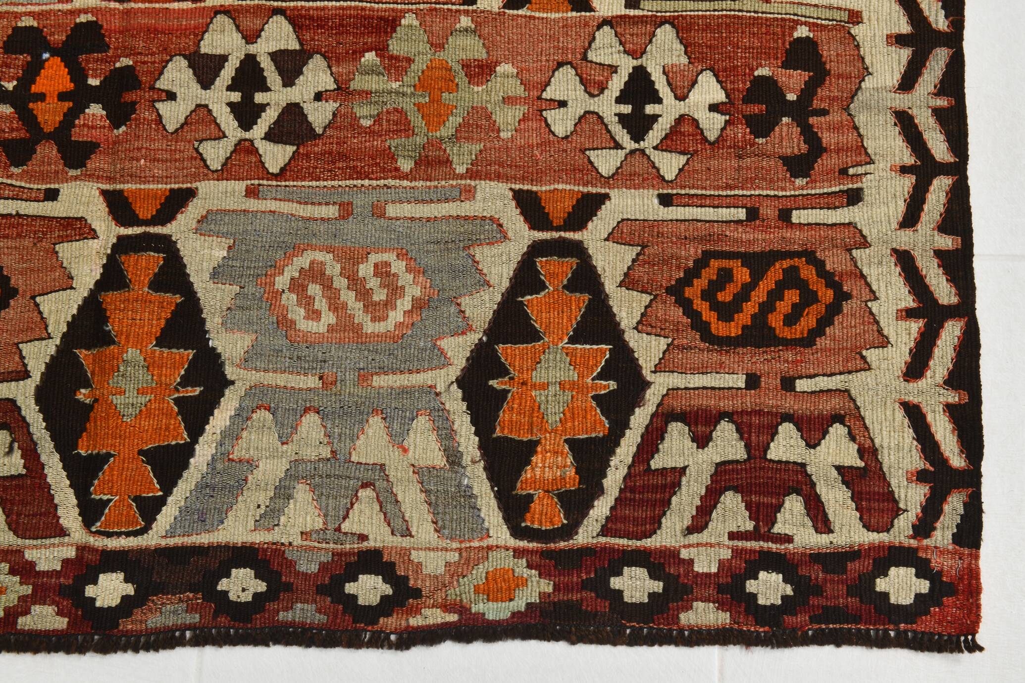 Light Green & Orange Tribal Turkish Kilim Rug, 141x305Cm