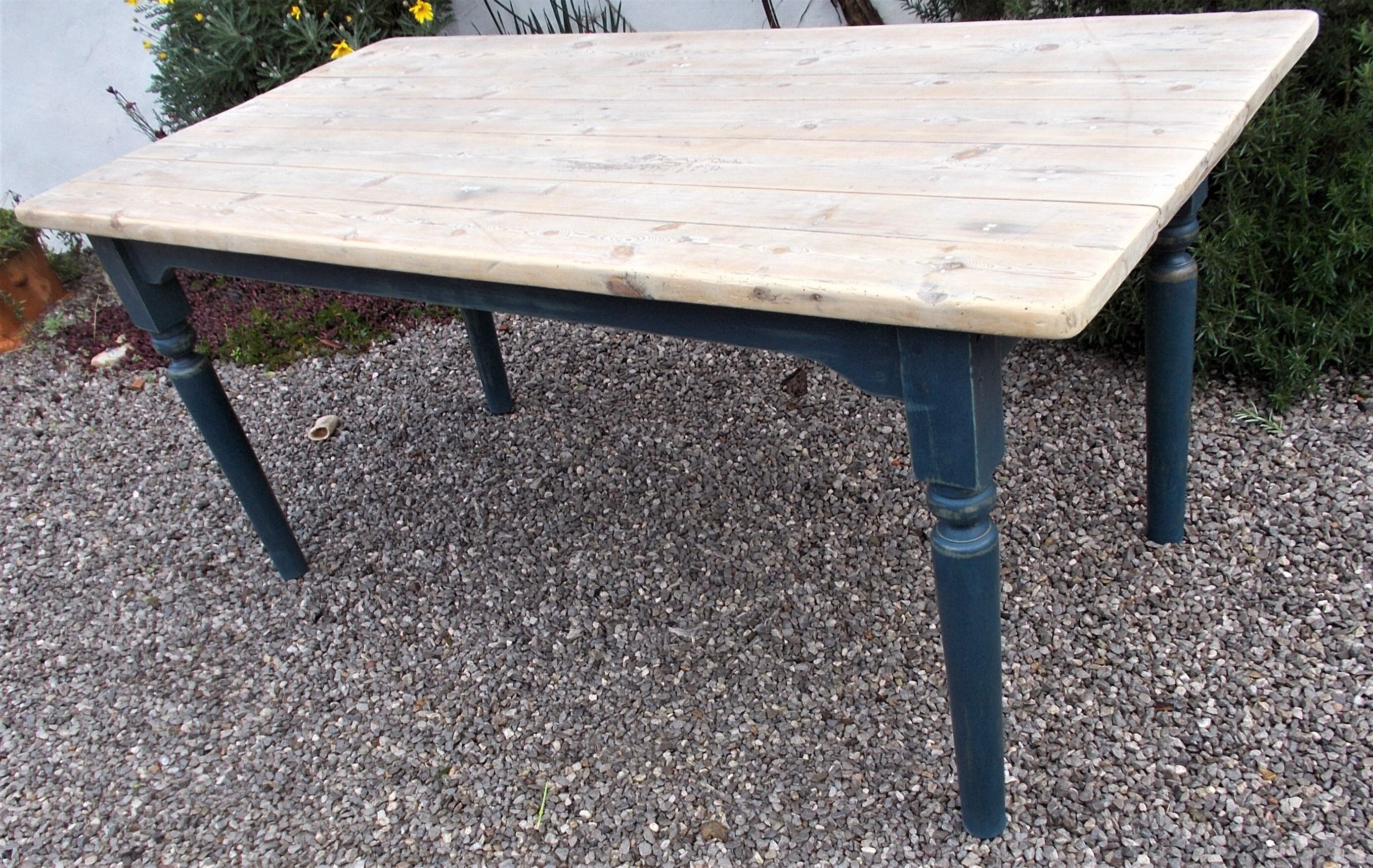 Antique kitchen table,19th c. French, pine, scrub top,blue painted legs
