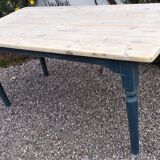 Antique kitchen table,19th c. French, pine, scrub top,blue painted legs