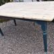 Antique kitchen table,19th c. French, pine, scrub top,blue painted legs