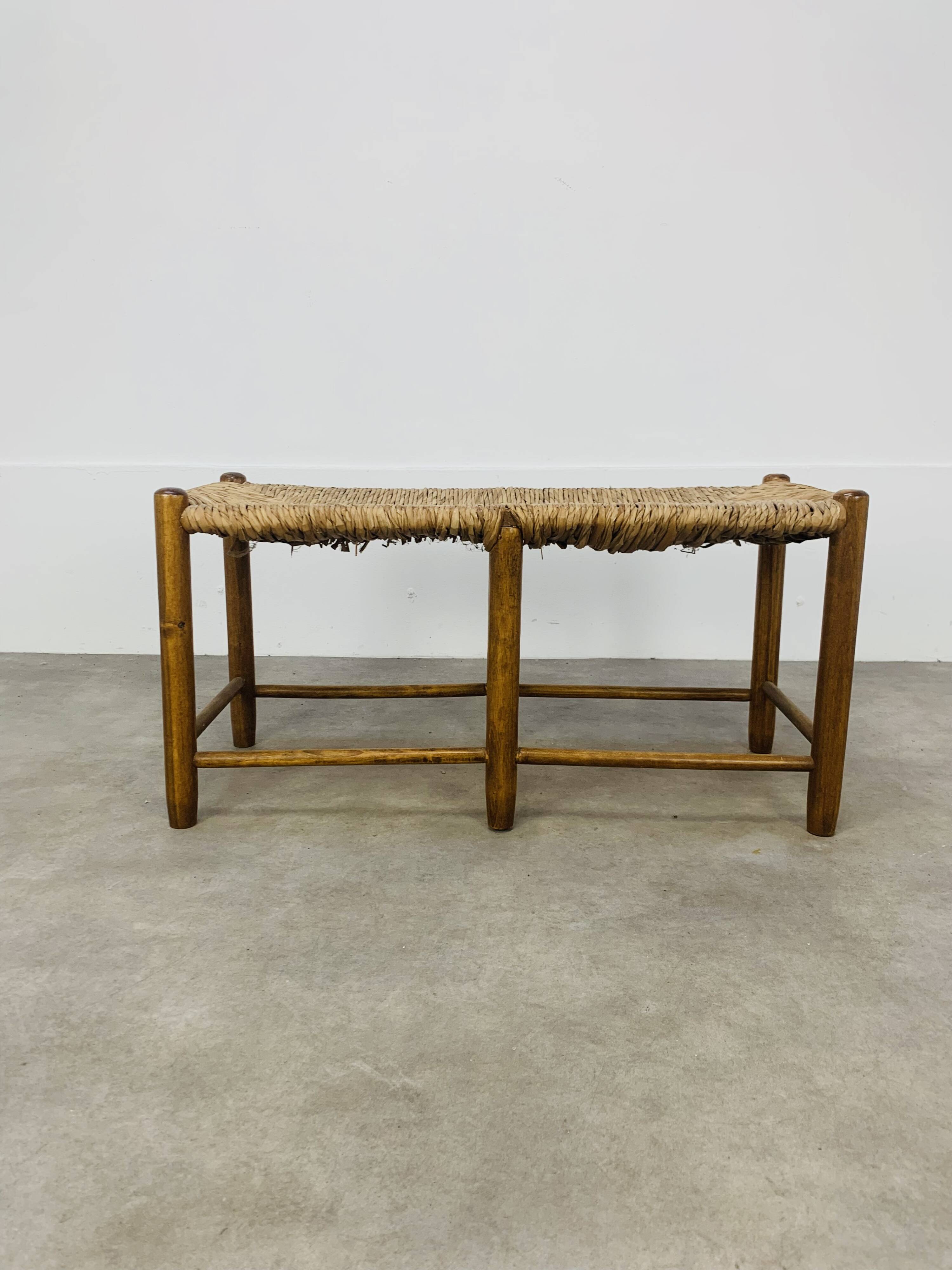 Vintage straw and wood bench, 1960s, country/mountain style