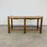 Vintage straw and wood bench, 1960s, country/mountain style