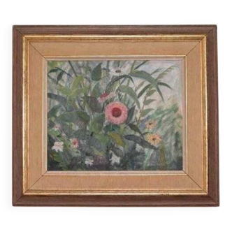 Original mid-century Swedish oil on panel – “Flowers” by Lars Boethius – vintage & framed – 68 × 60 cm (26.8" × 23.6")