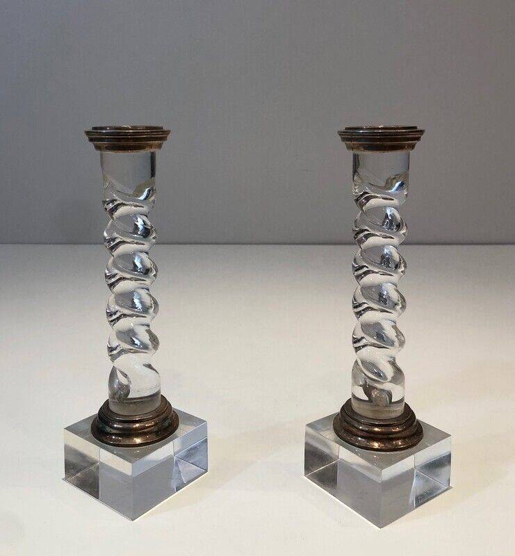 Pair of twisted plexiglass and silver-plated candlesticks