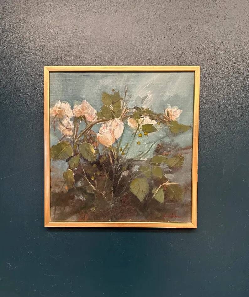 Original Swedish Oil on Canvas – “White Flowers” by M. Jakobsson – Signed – Vintage & Framed – 46 × 44 cm (18.1" × 17.3")