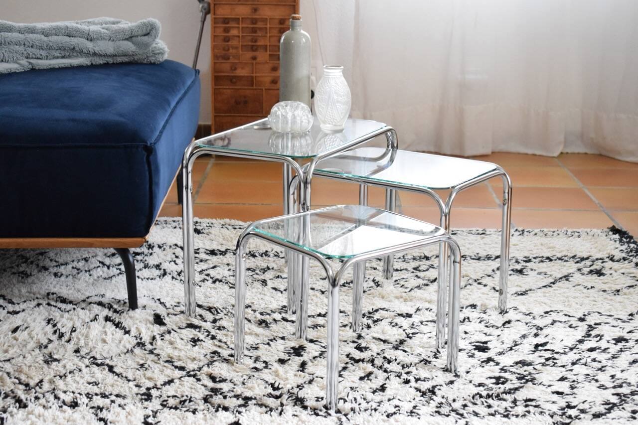 3 metal and glass nesting tables