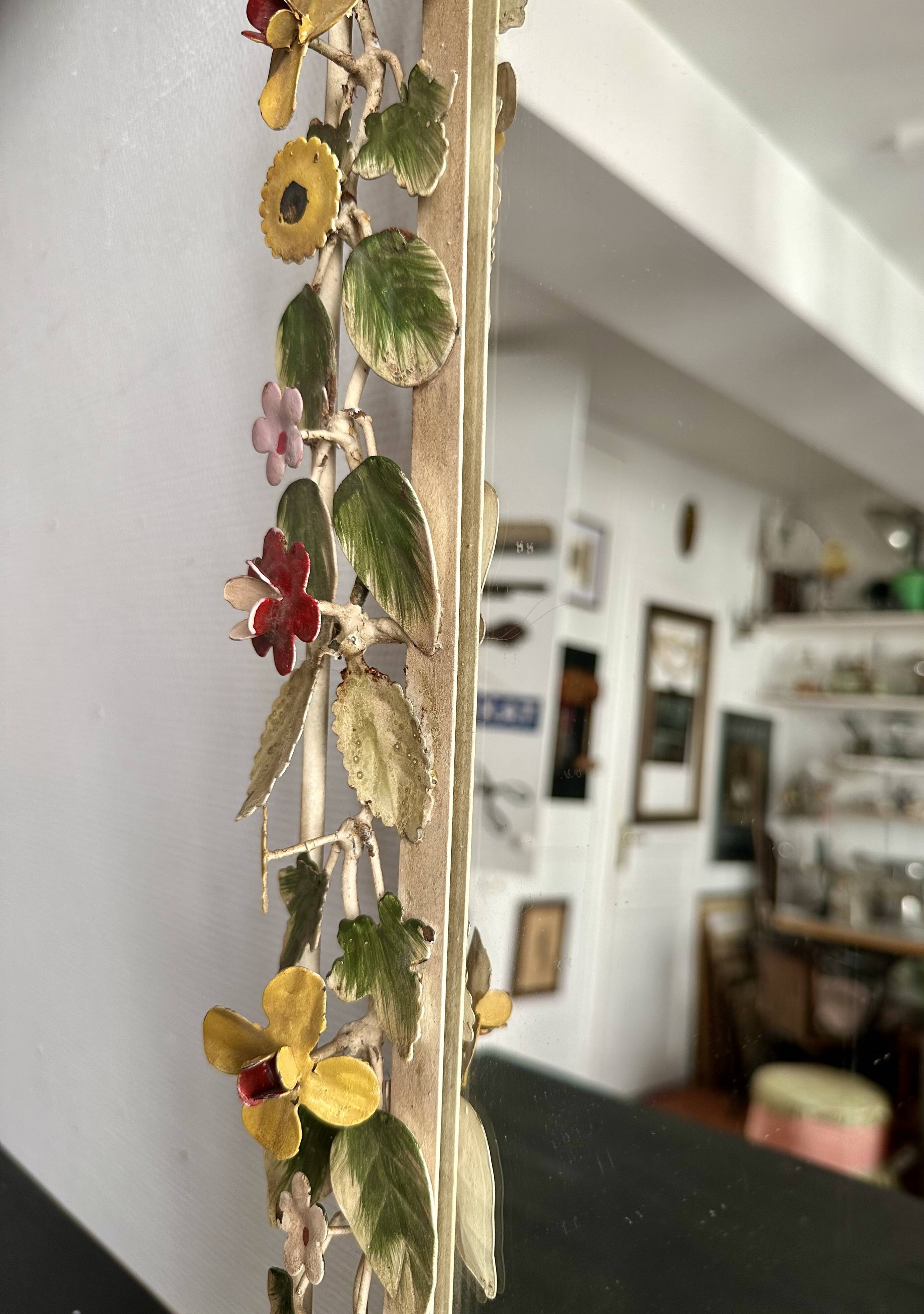 Italian wall mirror in polychrome floral metal, 1950s