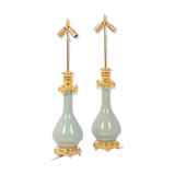 Pair of celadon and bronze porcelain lamps, circa 1880