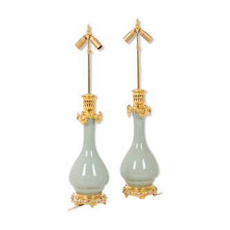 Pair of celadon and bronze porcelain lamps, circa 1880