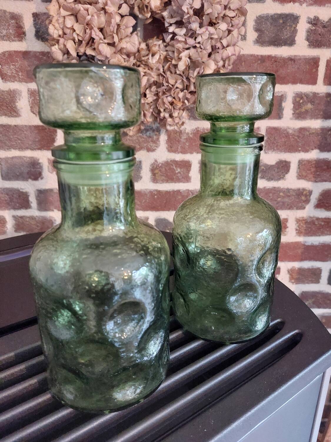 Bubble glass carafe, green bumpy