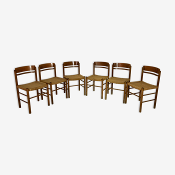 suite of 6 wooden and straw chairs