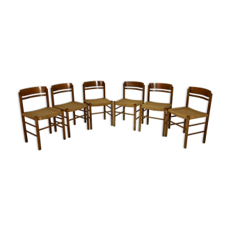 suite of 6 wooden and straw chairs