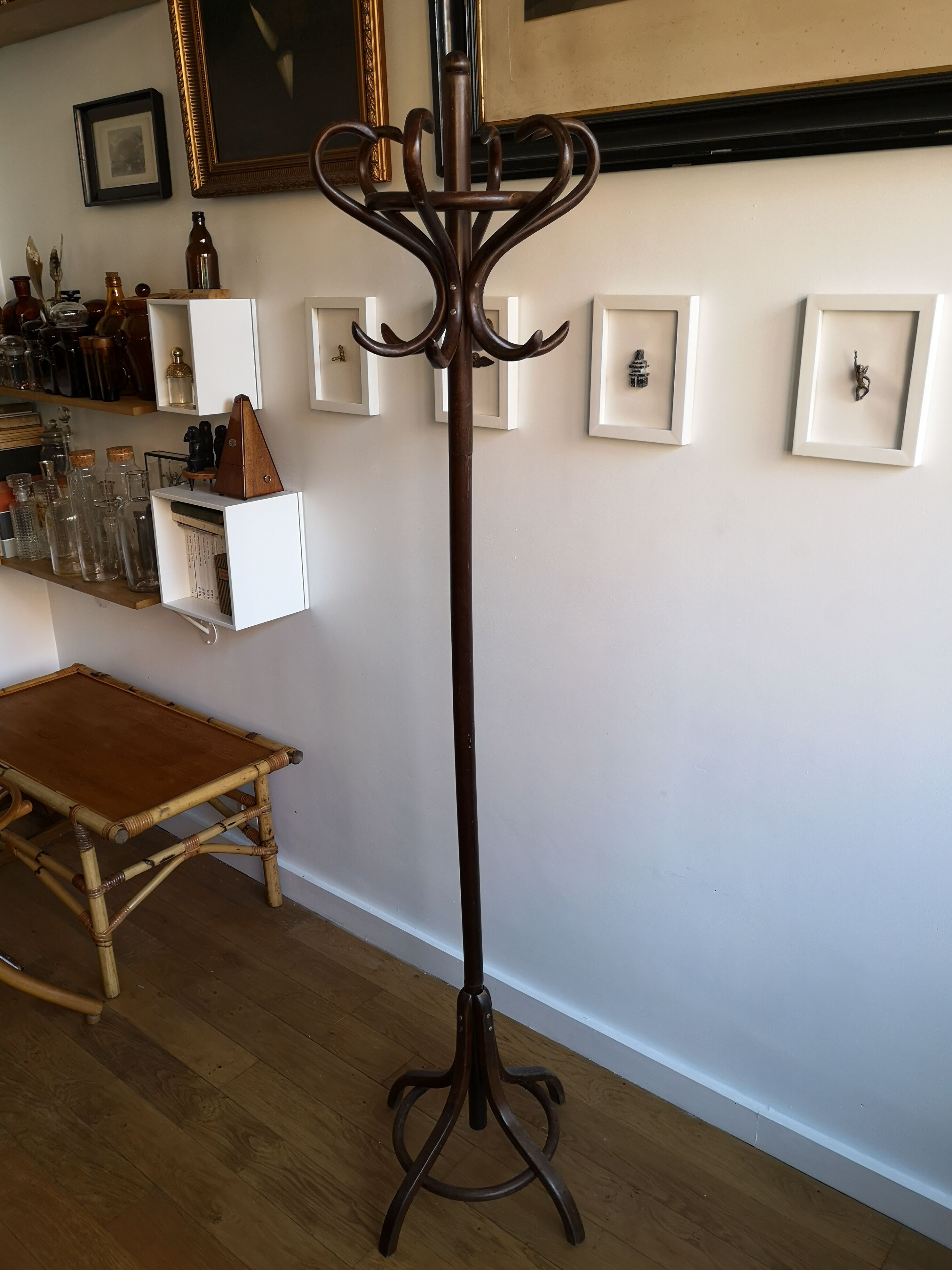 Dark wooden parrot coat holder