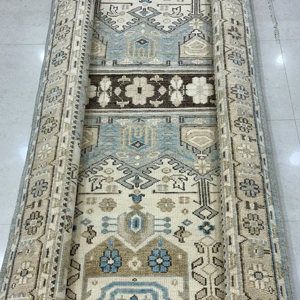 Hand-Knotted Wool Area Rug for Living Room, Decorative Oushak Blue and Ivory Floral Design Carpet