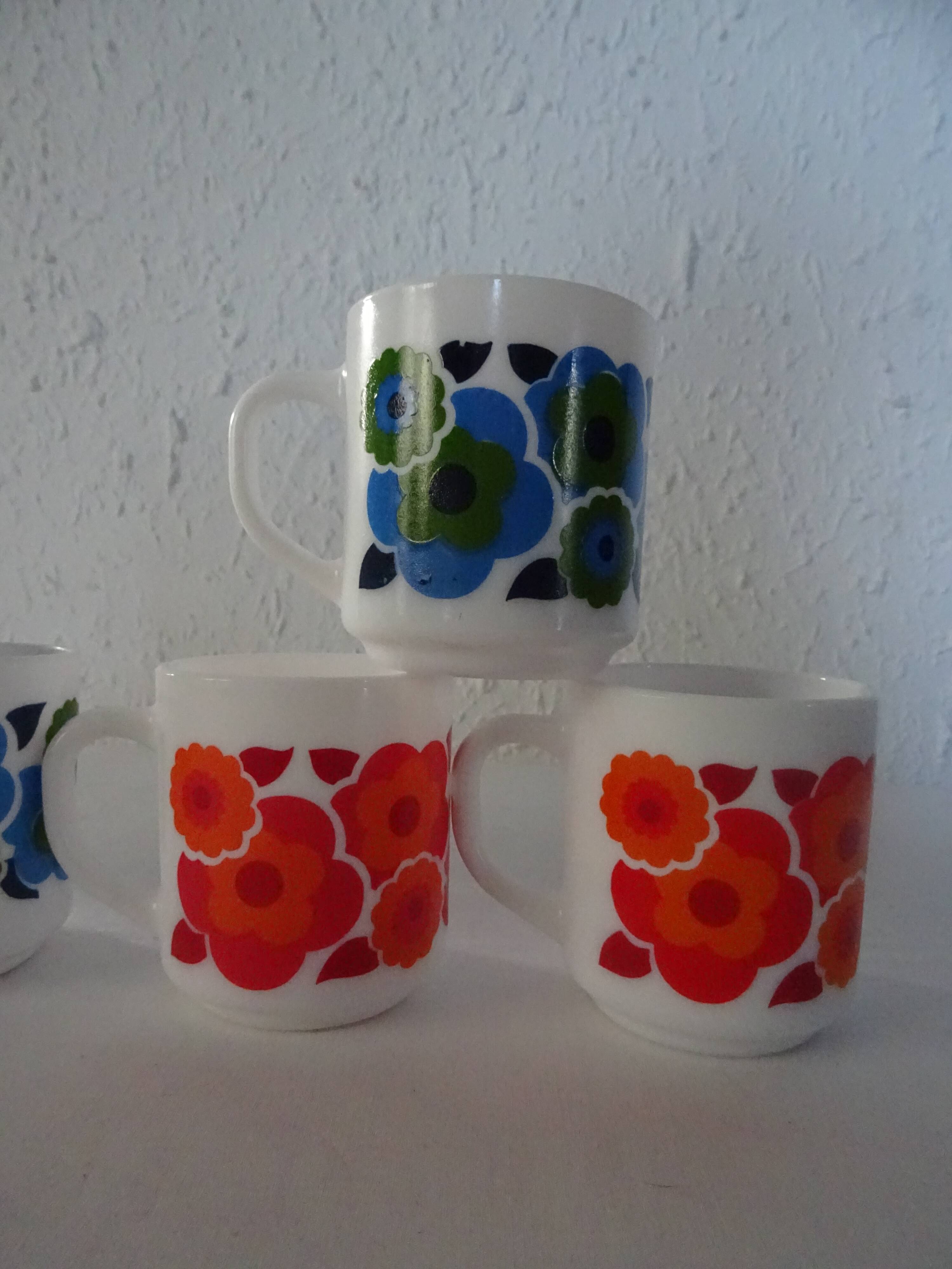 6 MUGS vintage flowers LOTUS 562112 Arcopal FRANCE orange blue