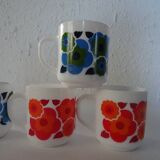 6 MUGS vintage flowers LOTUS 562112 Arcopal FRANCE orange blue