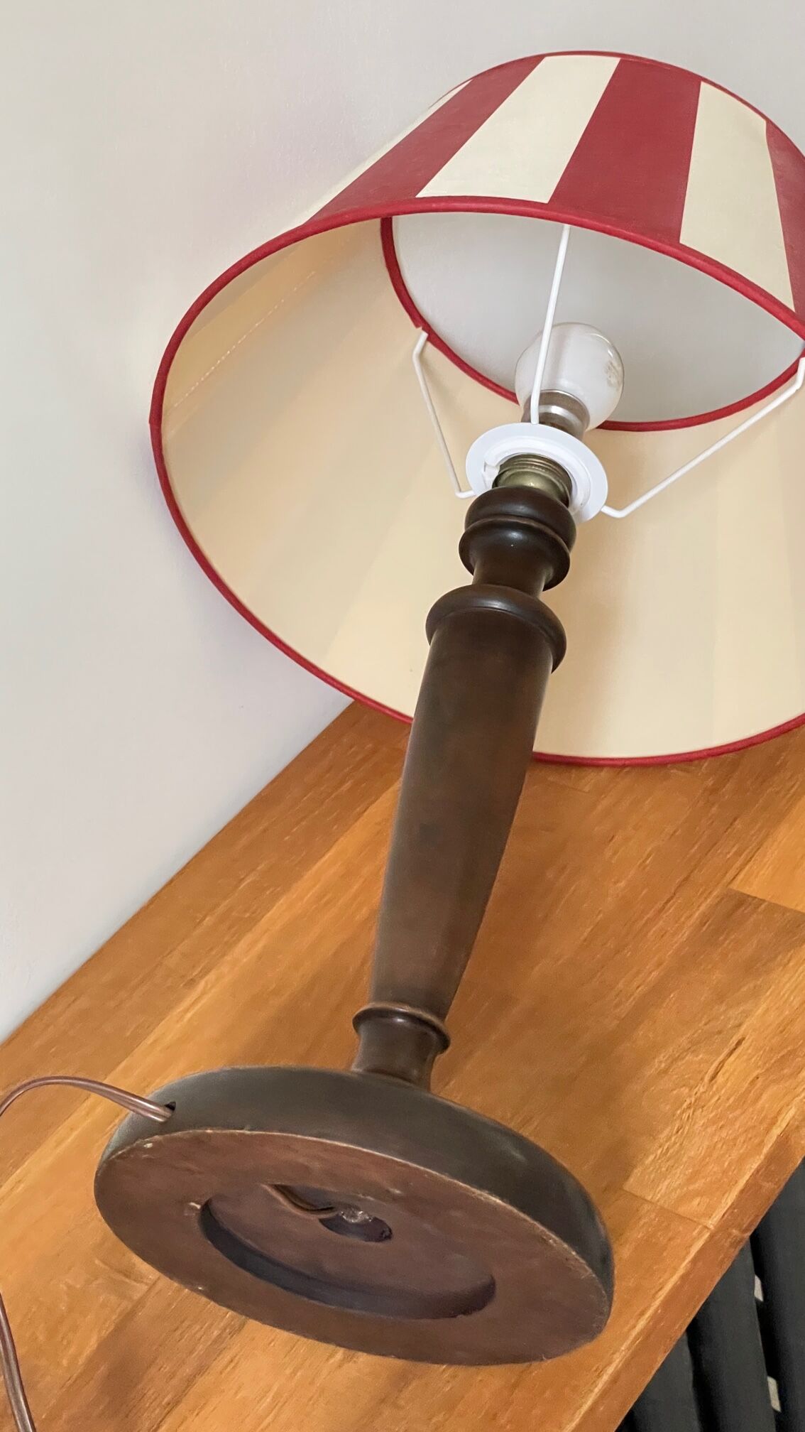 Wooden table lamp and striped lampshade