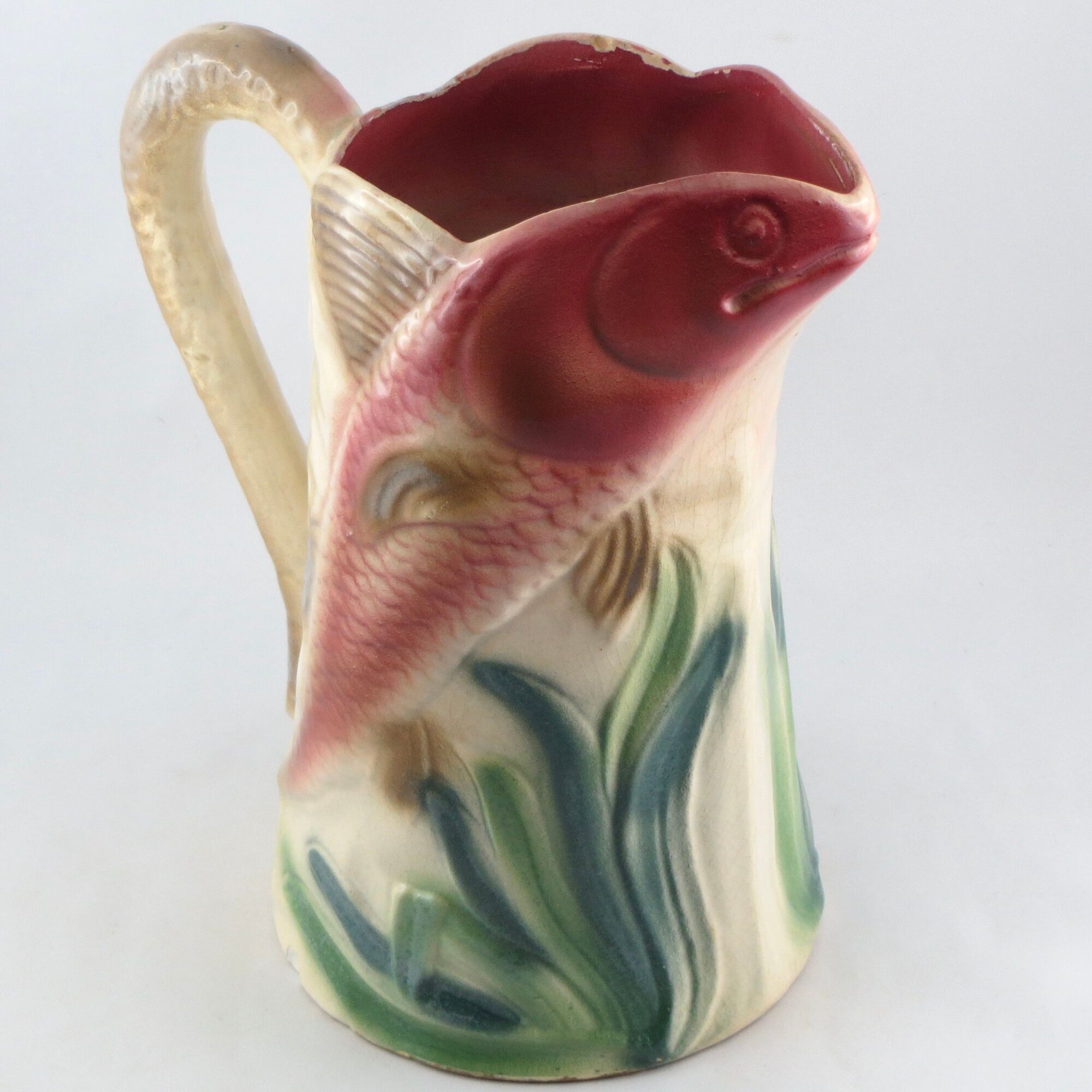 Former pichet barbotine clairefontaine "the poissons" majolica jug fish 19th
