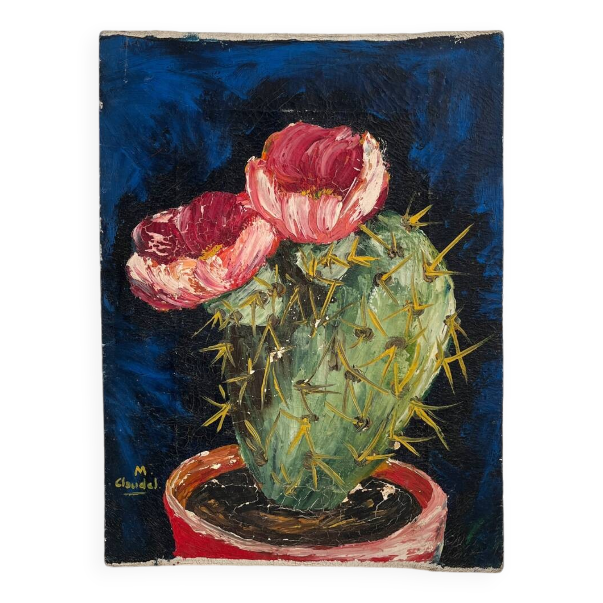 Peinture ancienne huile sur toile cactus signée Claudel