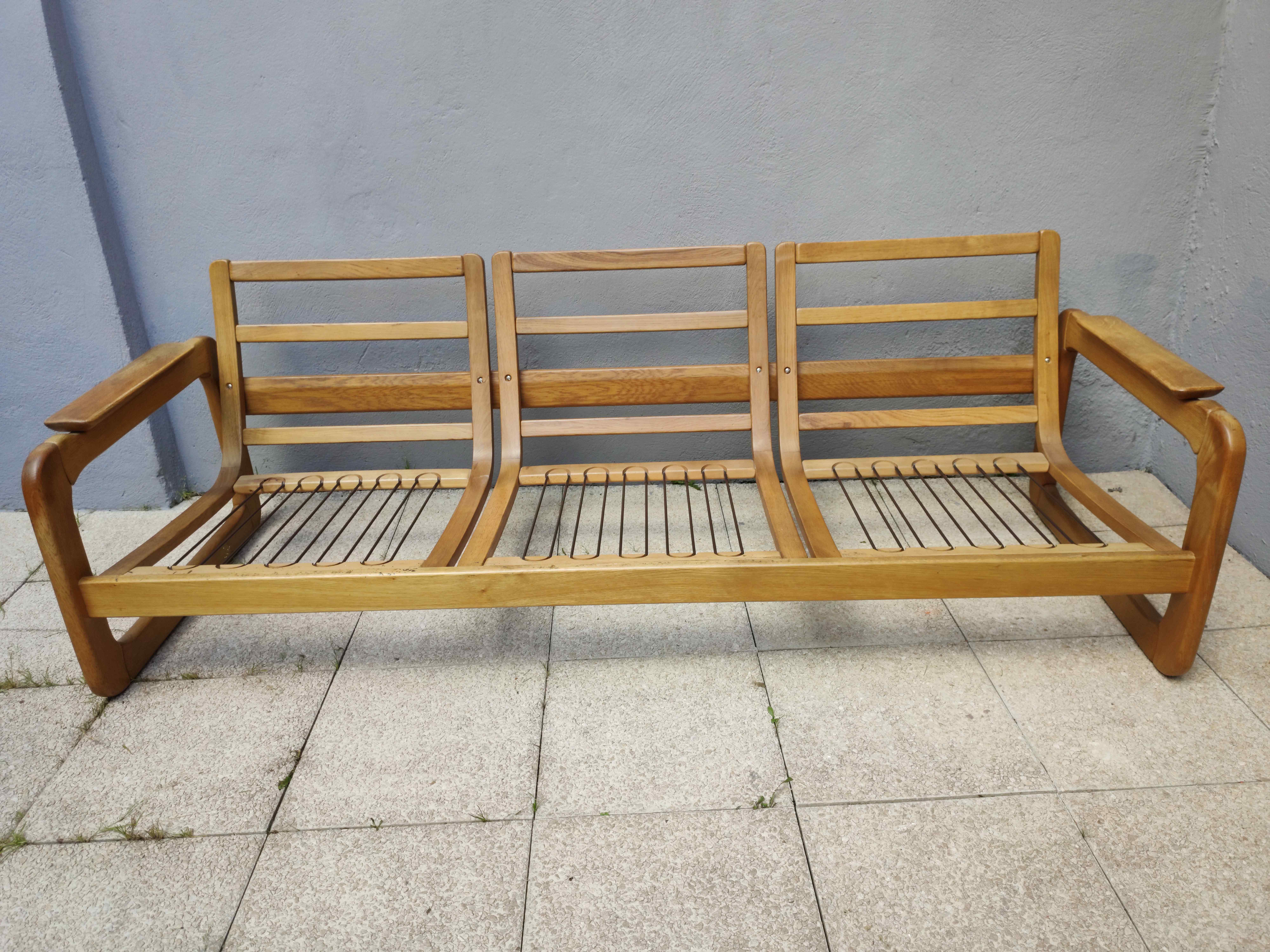 Set of 3-seater sofa + sled chair, 60/70's in oak