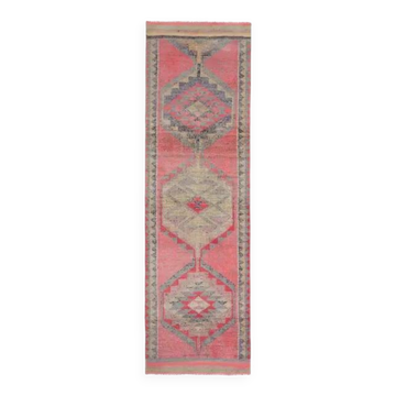 Vintage Turkish Hand-Knotted Wool Cotton Pink Runner Rug 98x330