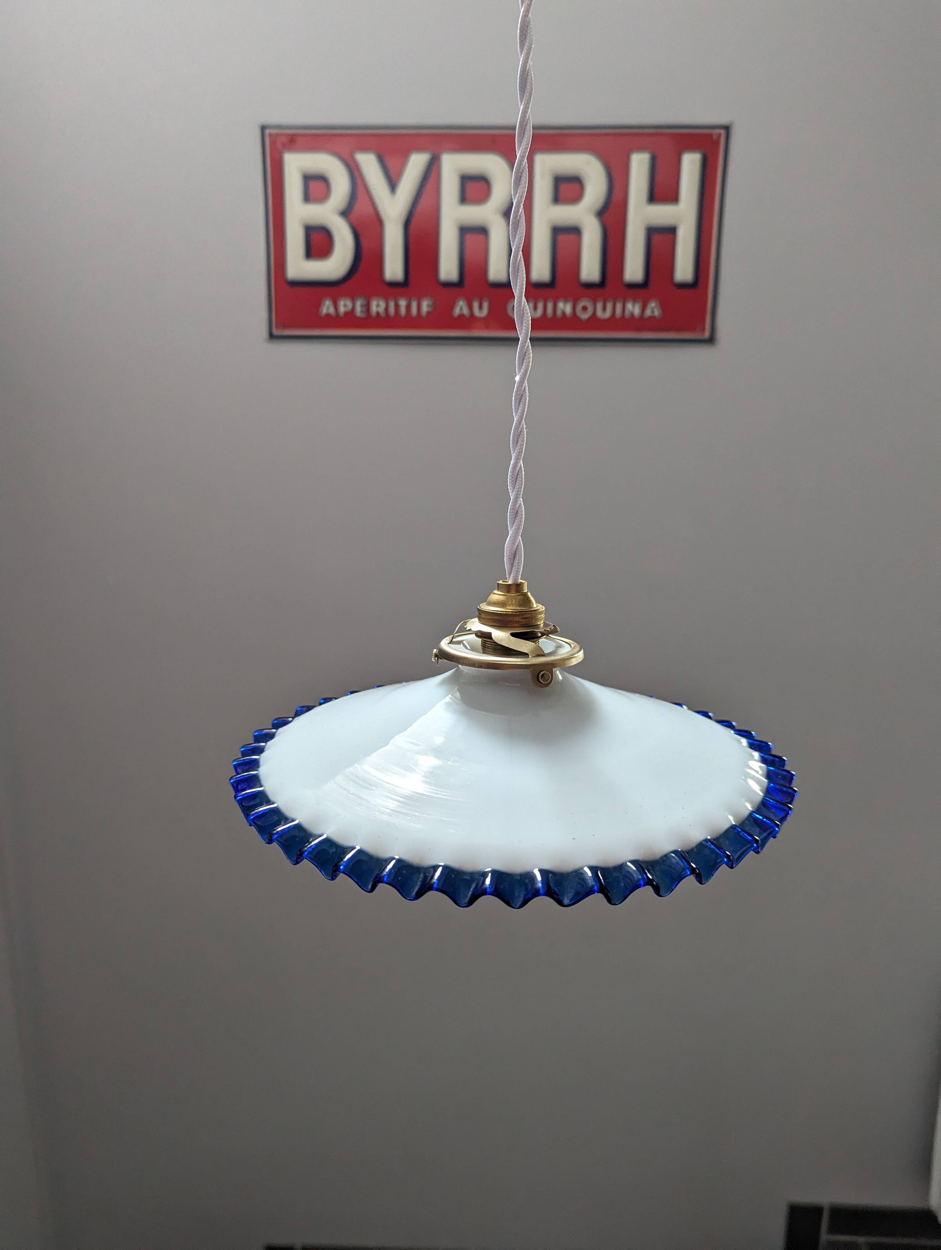 Hanging lampshade opaline serrated white/petrol blue art deco Ø24