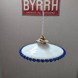 Hanging lampshade opaline serrated white/petrol blue art deco Ø24