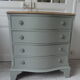 Commode vintage vert de gris, 4 tiroirs, plateau bois