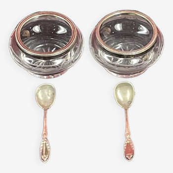 2 old salt cellars in crystal and silver with their small spoons