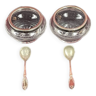 2 old salt cellars in crystal and silver with their small spoons