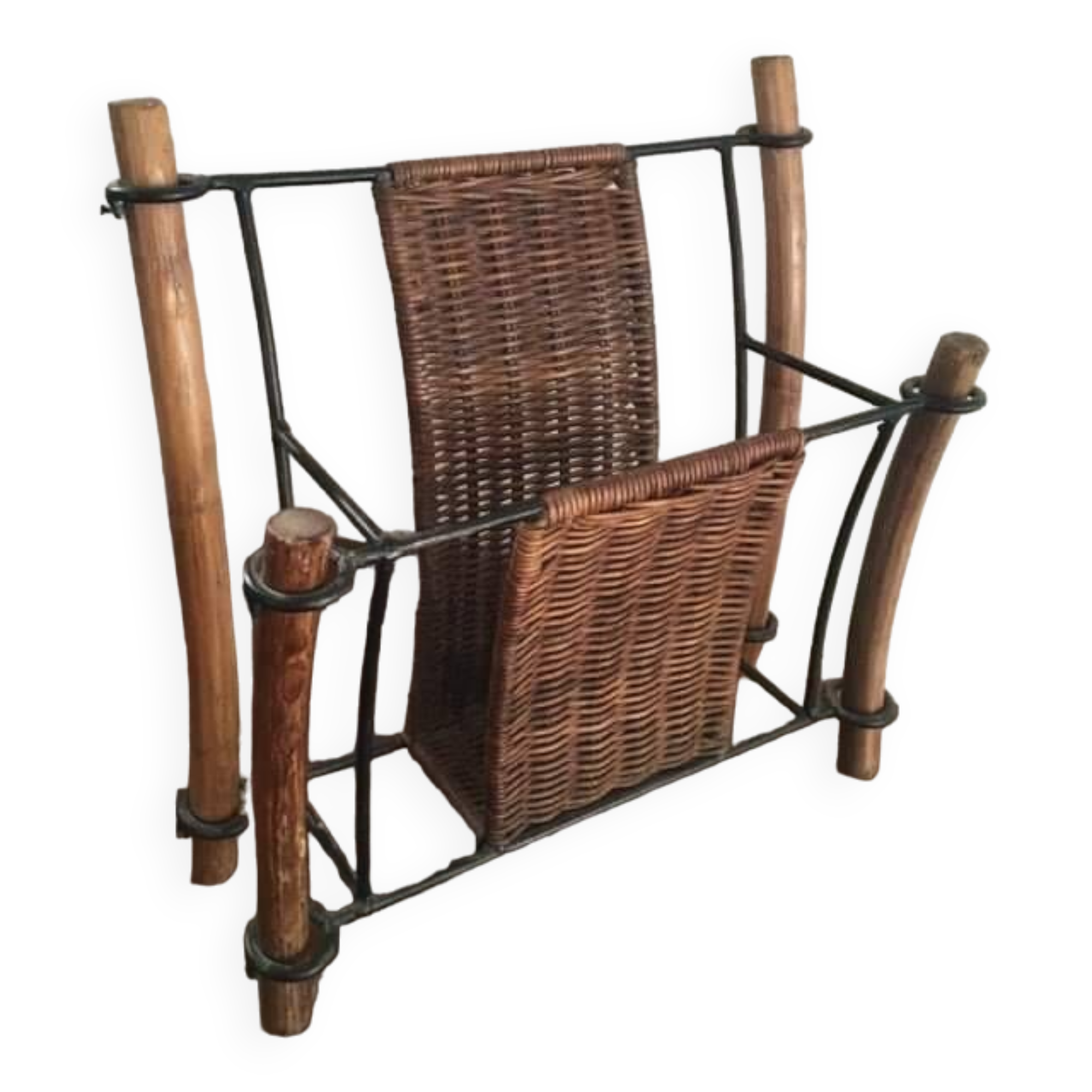 Porte-revues vintage en osier et bois