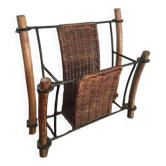 Vintage wicker and wood magazine rack