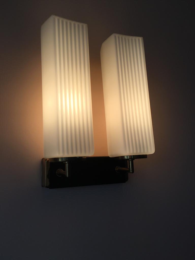 Pair of sconces in opaline and brass