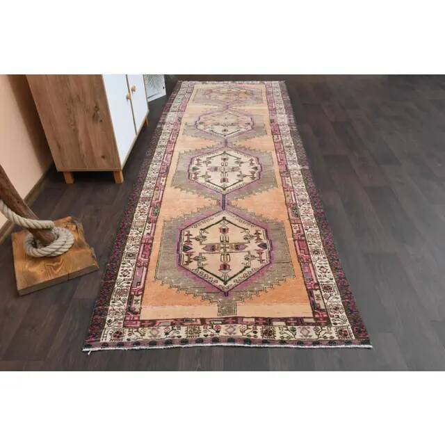 Vintage Turkish Oushak Handmade Wool Cotton Orange Runner Rug 113x317