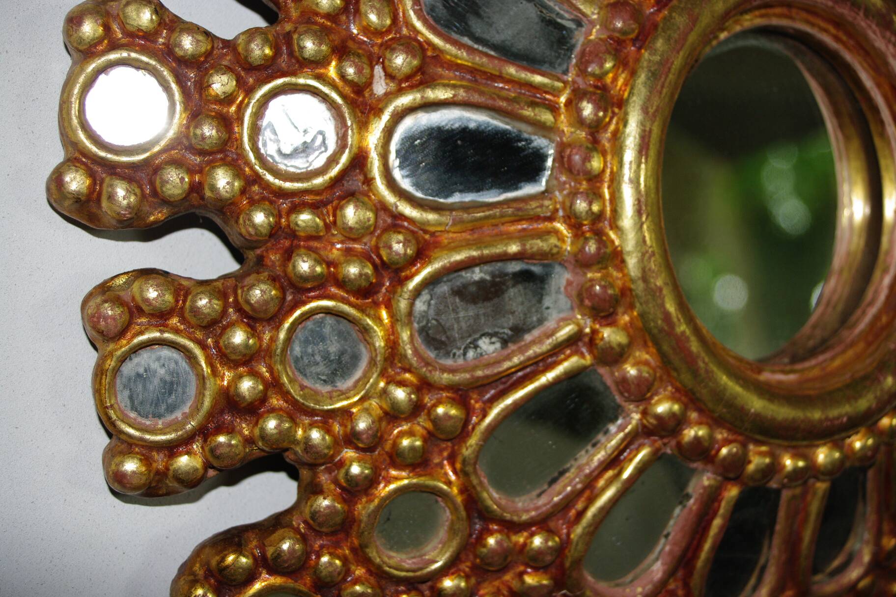 Vintage multi-faceted witch mirror in golden wood 1960 rare