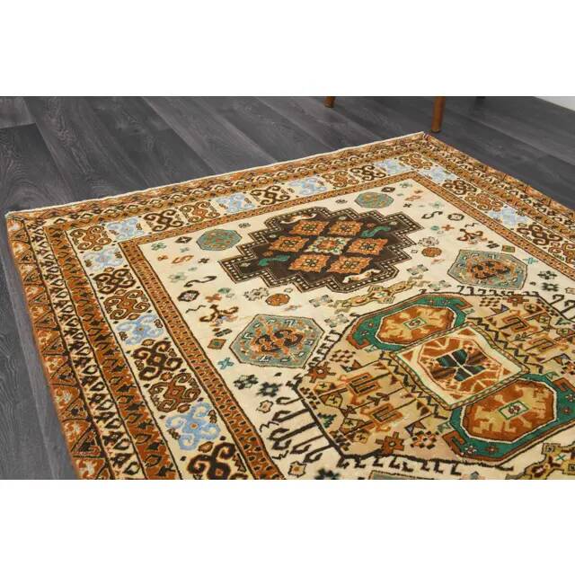 1970s Vintage Turkish Hand-Knotted Wool Cotton Yellow Area Rug 131x177