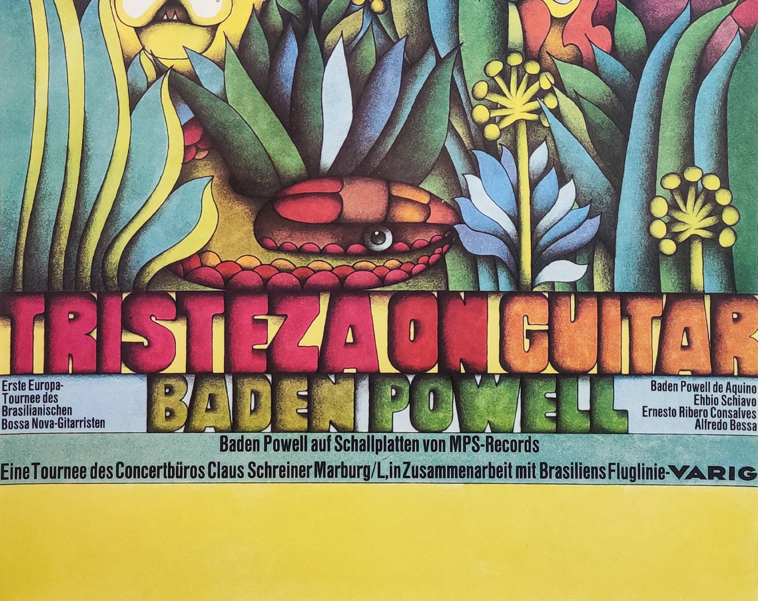 Vintage 1970s Baden Powell Maximalist Bossa Nova Concert Poster