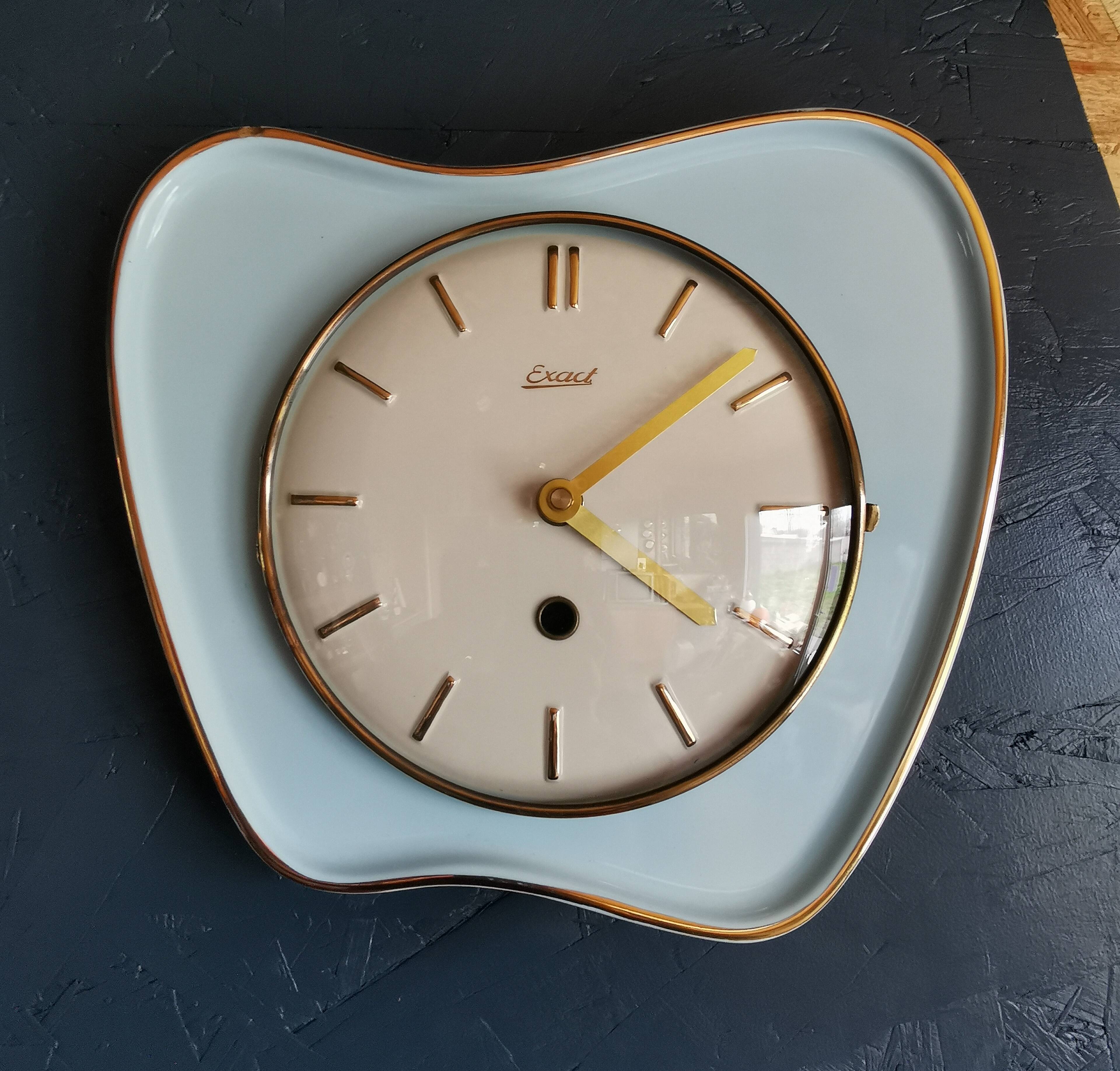 Vintage ceramic clock silent wall pendulum "Exact golden blue"