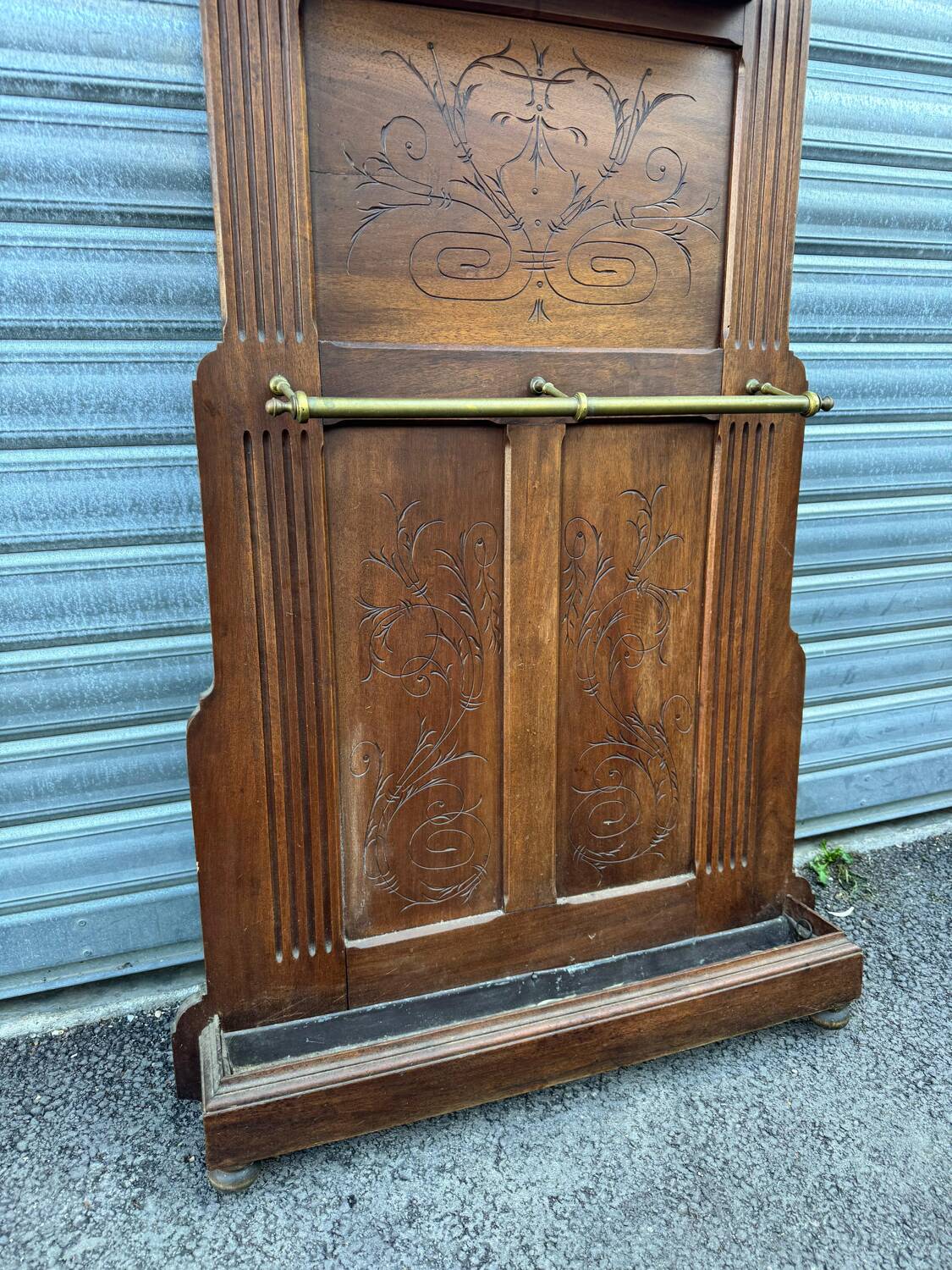 Antique hall coat rack – mirror, hooks & umbrella stand