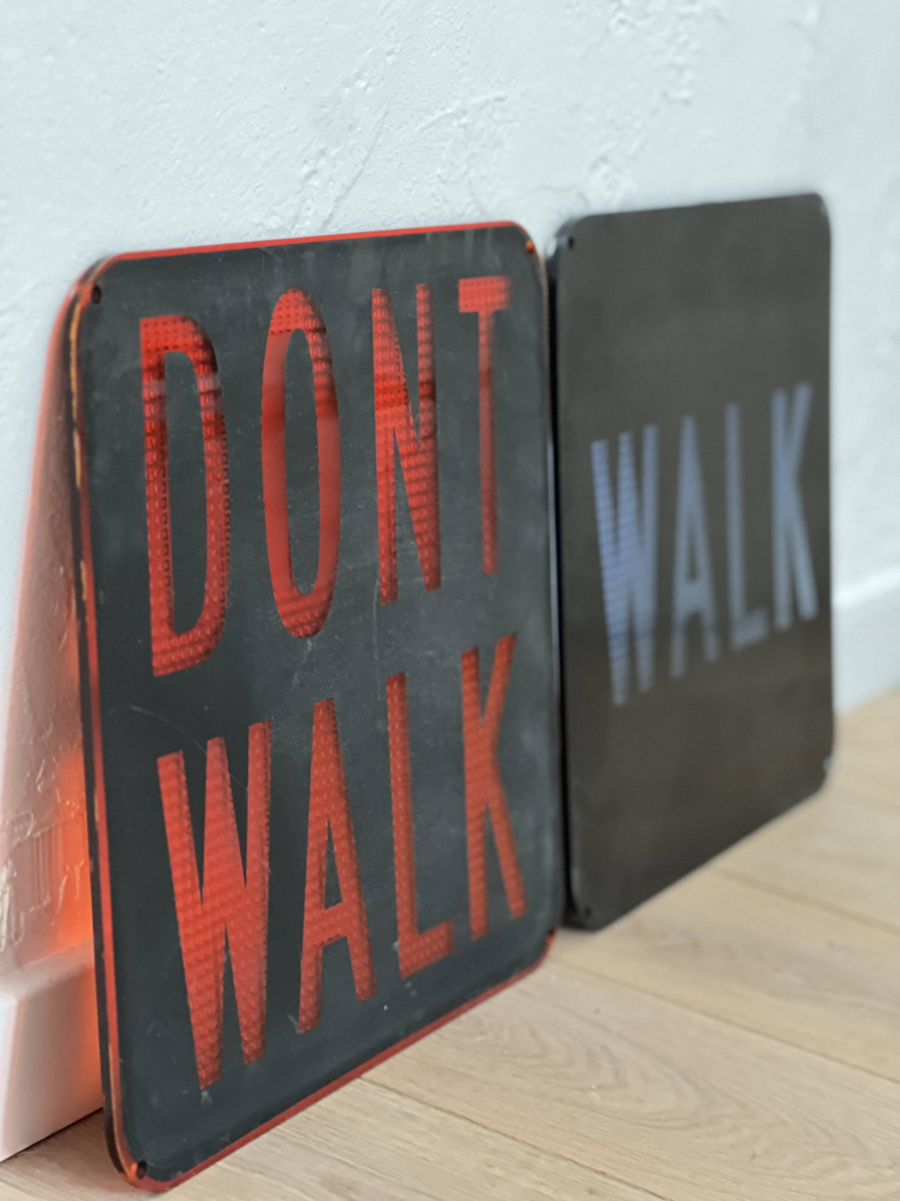Old signs new york traffic us walk don't walk pair
