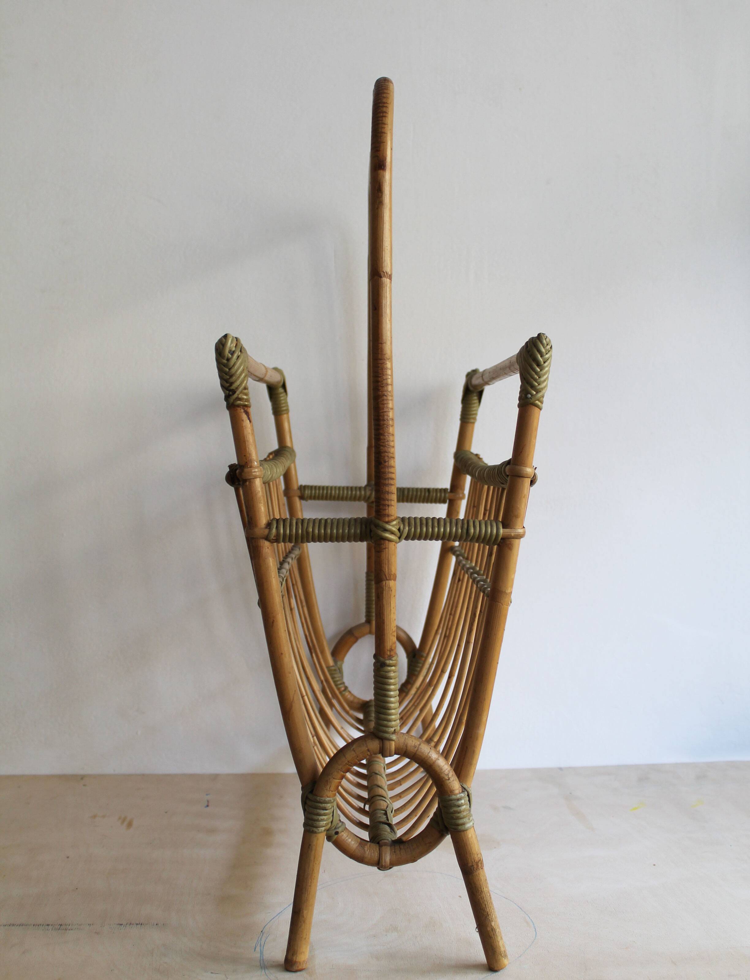 1960s Czechoslovak Rattan Magazine Rack with Tall Handle