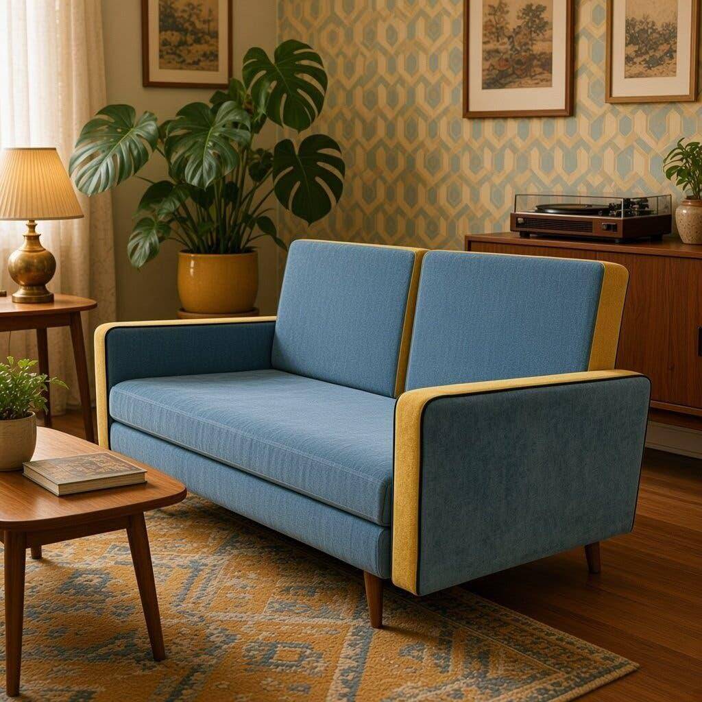 Vintage blue armchair/daybed/sofa bed with yellow accents.