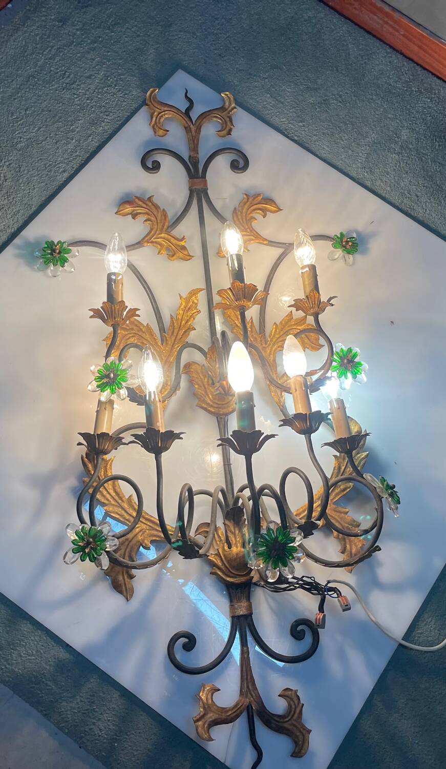 Extra Large Italian Tole Wall Light Sconce with Murano Glass Flowers