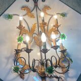 Extra Large Italian Tole Wall Light Sconce with Murano Glass Flowers