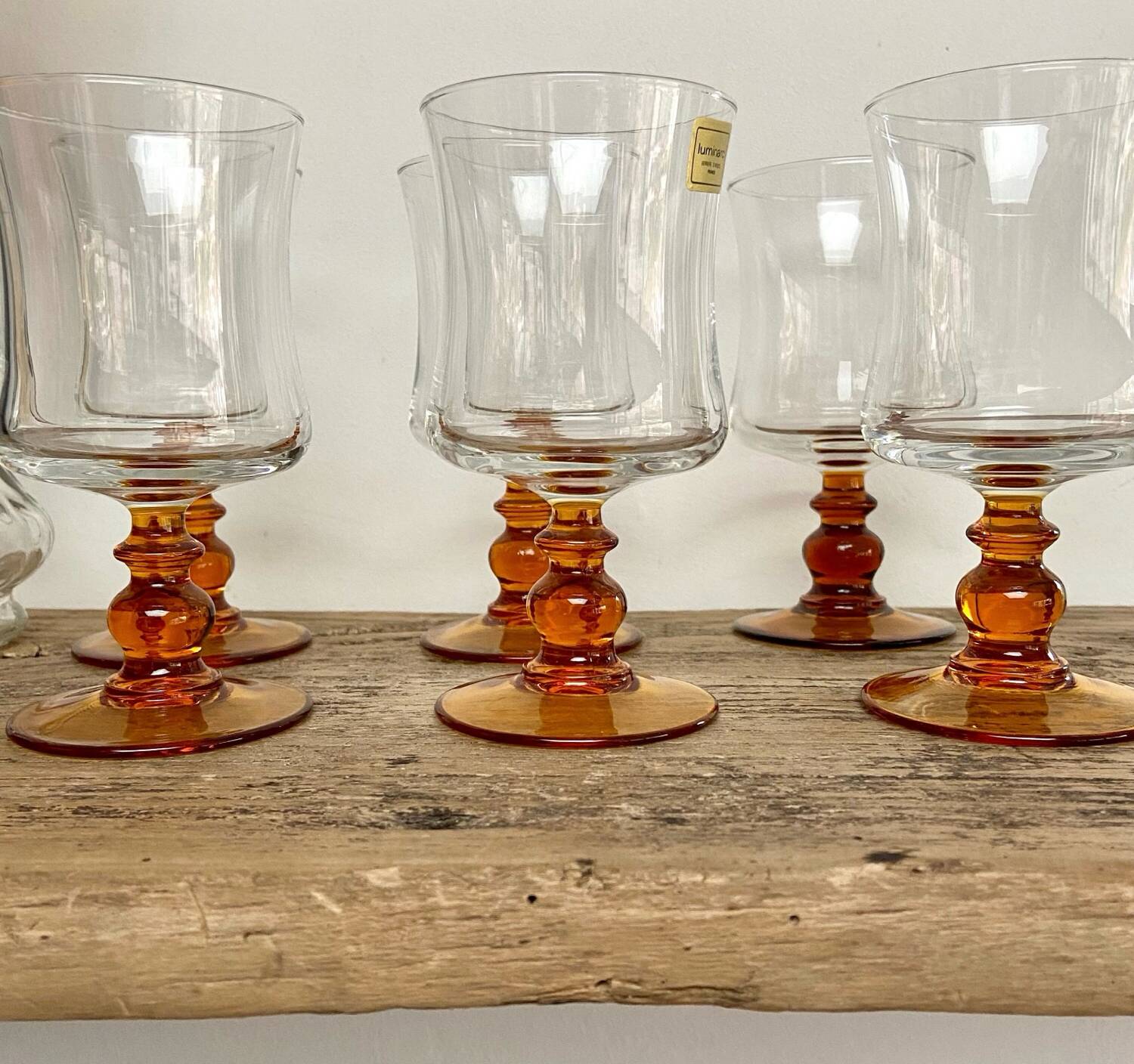6 vintage amber stemmed glasses