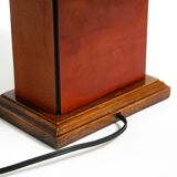 Italian 60s table lamp made of wood and leather with paper straw lampshade